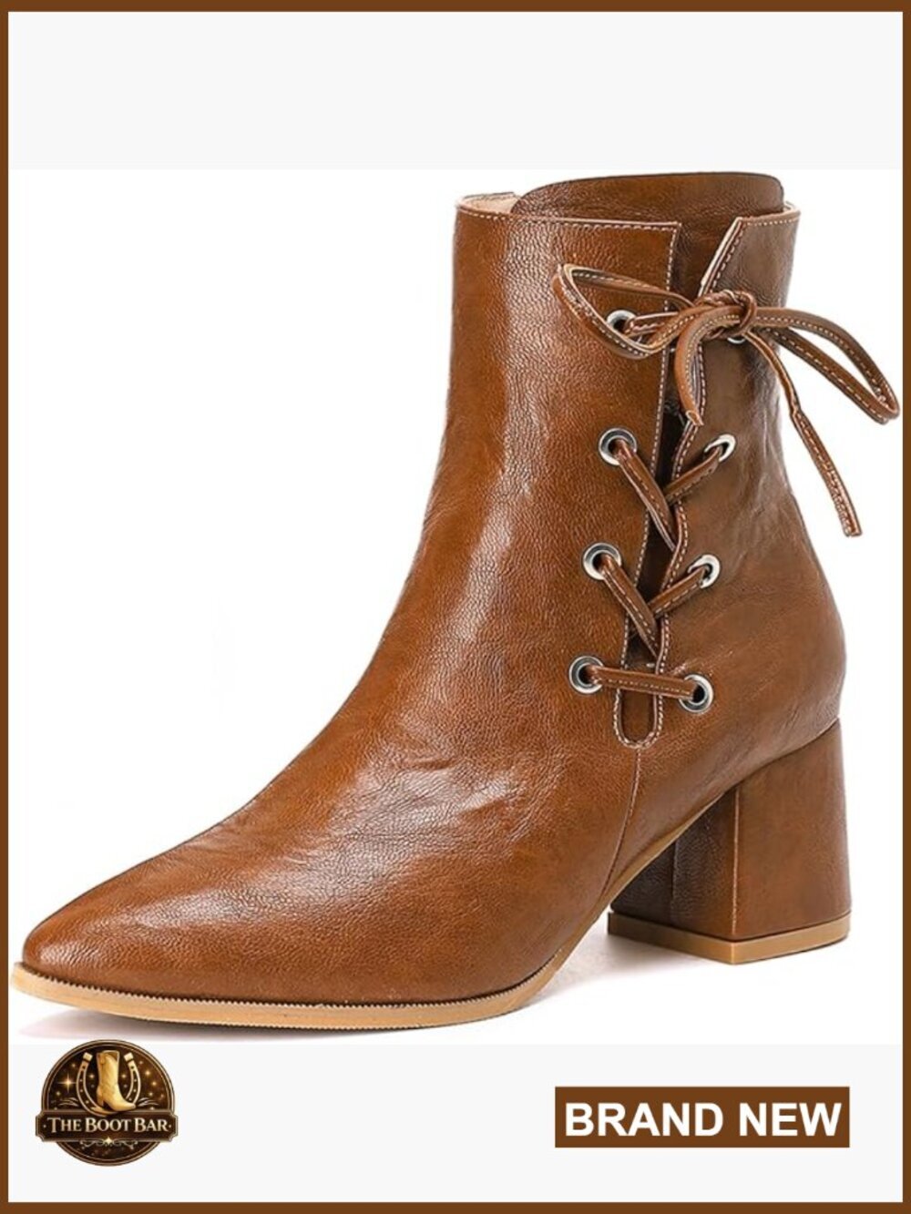 Chunky Mid Heel Ankle Booties Pointed Toe Side Zipper Lace Up Leather Short